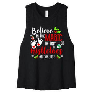 Peds Nicu Nurse Believin Magic Of Tiny Mistletoe Christmas Women's Racerback Cropped Tank