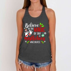 Peds Nicu Nurse Believin Magic Of Tiny Mistletoe Christmas Women's Knotted Racerback Tank