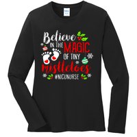 Peds Nicu Nurse Believin Magic Of Tiny Mistletoe Christmas Ladies Long Sleeve Shirt