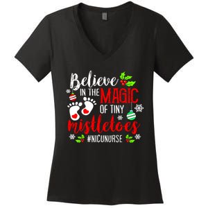 Peds Nicu Nurse Believin Magic Of Tiny Mistletoe Christmas Women's V-Neck T-Shirt