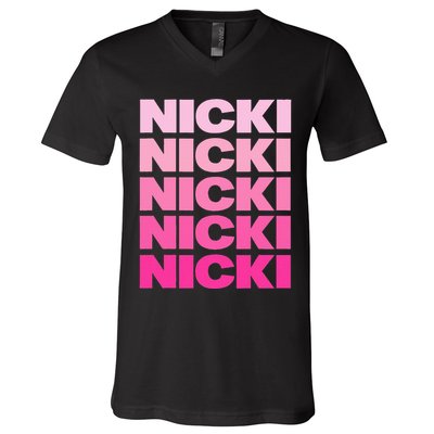 Personalized Name Nicki I Love Nicki Pink Vintage V-Neck T-Shirt