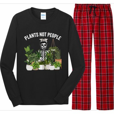 Plants Not People Messy Bun Skull Gardening Plant Skeleton Gift Long Sleeve Pajama Set