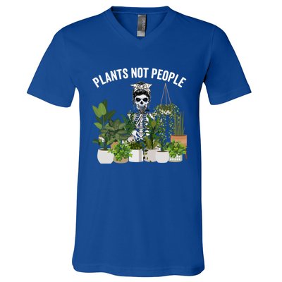 Plants Not People Messy Bun Skull Gardening Plant Skeleton Gift V-Neck T-Shirt