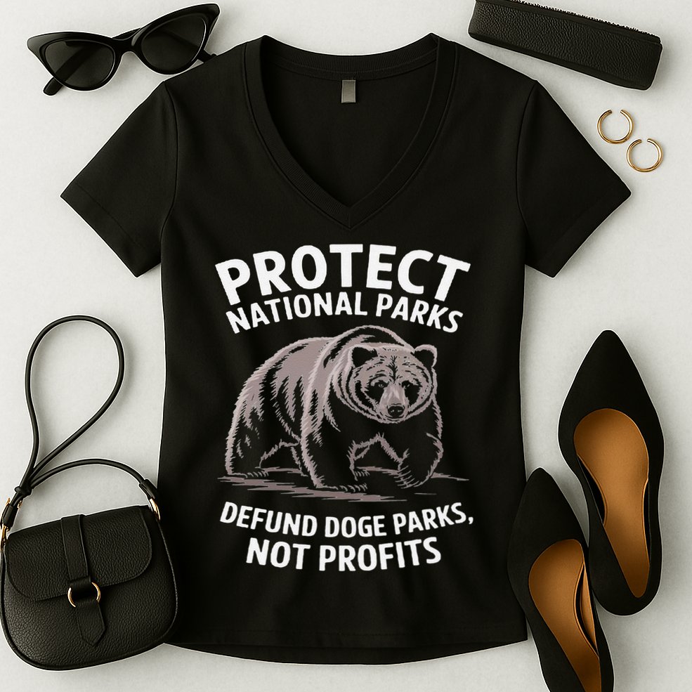 Protect National Parks Defund DOGE Support Not Profits Bear Women's V-Neck T-Shirt