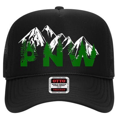 Pacific Northwest PNW Pine Trees Mountains Gift High Crown Mesh Back Trucker Hat