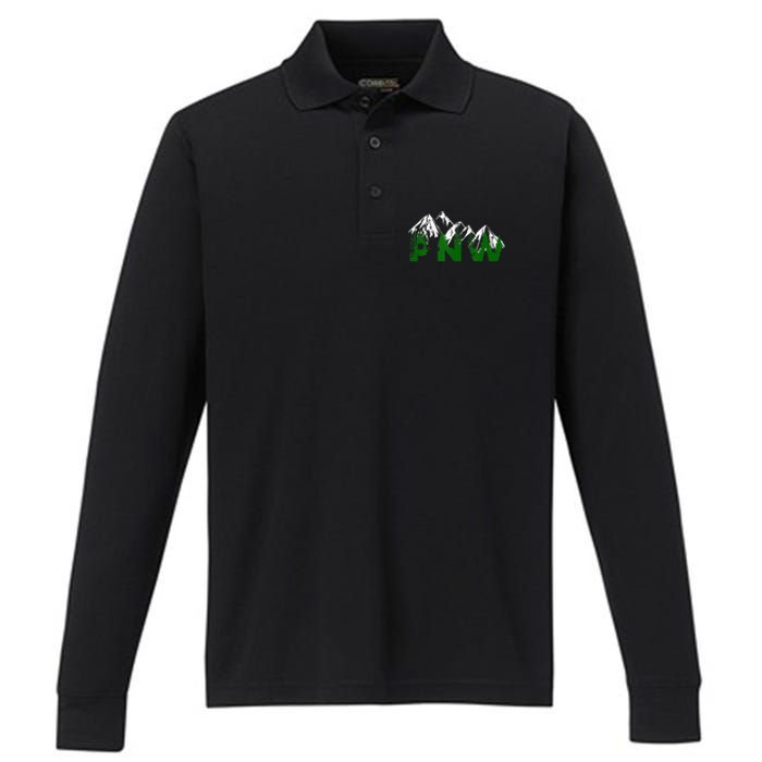 Pacific Northwest PNW Pine Trees Mountains Gift Performance Long Sleeve Polo