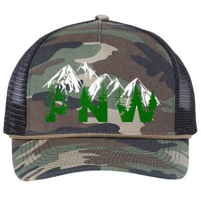 Pacific Northwest PNW Pine Trees Mountains Gift Retro Rope Trucker Hat Cap