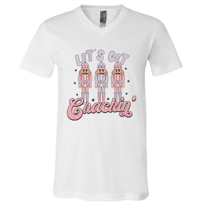 Pink Nutcrackers Retro Christmas Merry Xmas Groovy V-Neck T-Shirt