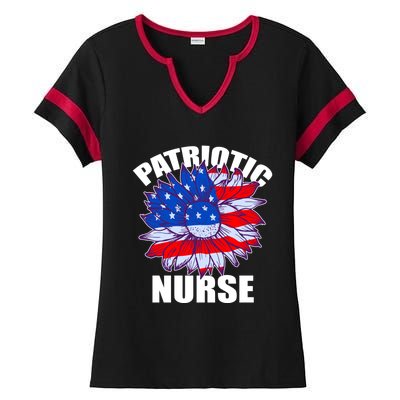 Patriotic Nurse Sunflower Retro Job America Flag Funny Gift Ladies Halftime Notch Neck Tee