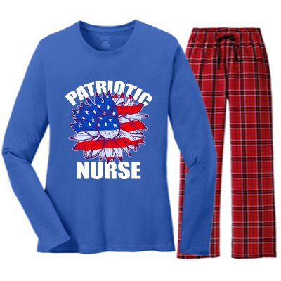 Patriotic Nurse Sunflower Retro Job America Flag Funny Gift Women's Long Sleeve Flannel Pajama Set 