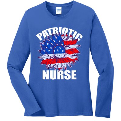 Patriotic Nurse Sunflower Retro Job America Flag Funny Gift Ladies Long Sleeve Shirt