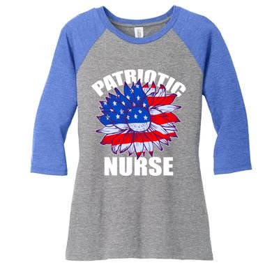 Patriotic Nurse Sunflower Retro Job America Flag Funny Gift Women's Tri-Blend 3/4-Sleeve Raglan Shirt