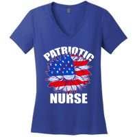 Patriotic Nurse Sunflower Retro Job America Flag Funny Gift Women's V-Neck T-Shirt