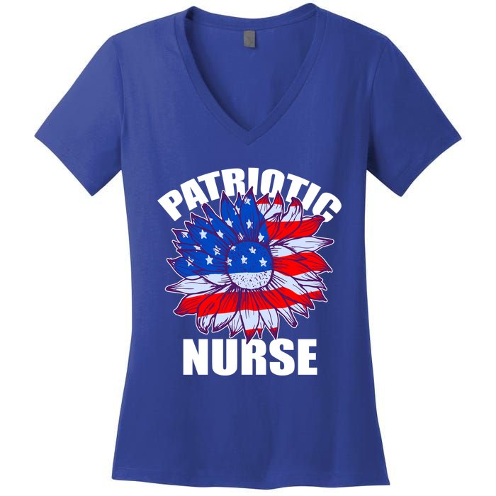 Patriotic Nurse Sunflower Retro Job America Flag Funny Gift Women's V-Neck T-Shirt