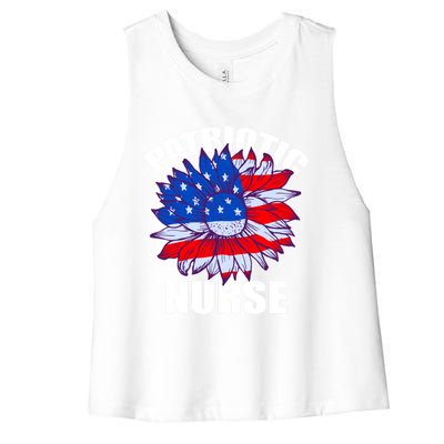 Patriotic Nurse Sunflower Retro Job America Flag Funny Gift Women's Racerback Cropped Tank