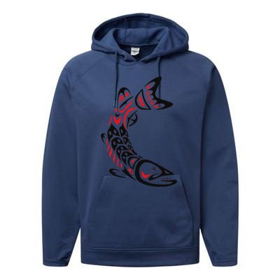 Pacific Northwest tribe art Salmon Fish Saltwater Fish Performance Fleece Hoodie