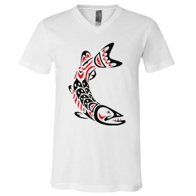 Pacific Northwest tribe art Salmon Fish Saltwater Fish V-Neck T-Shirt