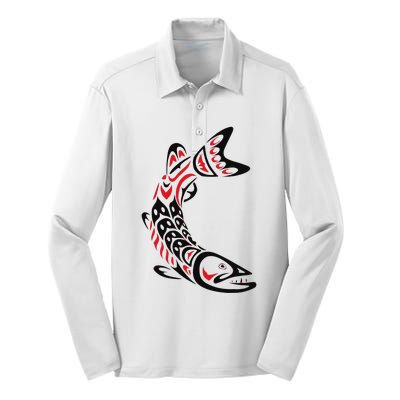 Pacific Northwest tribe art Salmon Fish Saltwater Fish Silk Touch Performance Long Sleeve Polo