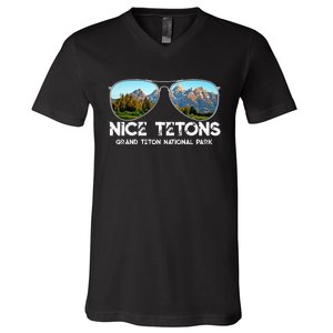 Punny Nice Tetons Teton Mountain V-Neck T-Shirt