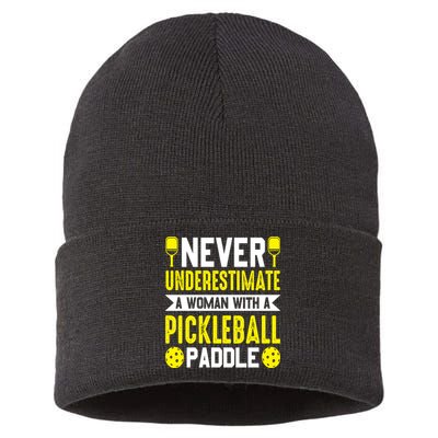 Pickleball Never Underestimate A Woman With A Pickleball Paddle Sustainable Knit Beanie