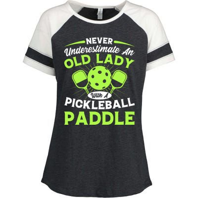 Pickleball Never Underestimate An Old Lady With A Pickleball Paddle Enza Ladies Jersey Colorblock Tee