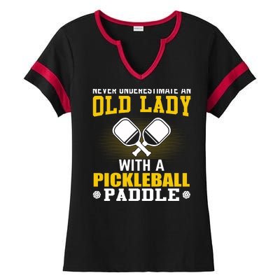 Pickleball Never Underestimate An Old Lady With A Pickleball Paddle Ladies Halftime Notch Neck Tee