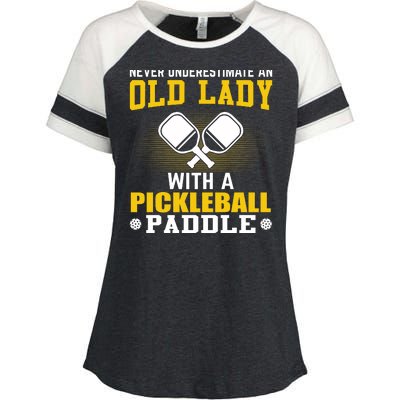 Pickleball Never Underestimate An Old Lady With A Pickleball Paddle Enza Ladies Jersey Colorblock Tee