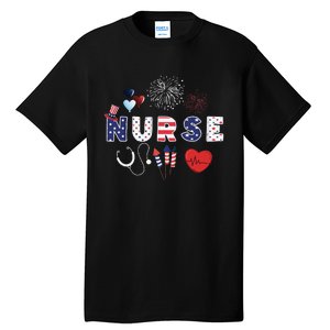 Pride Nurse USA Flag Stethoscope Patriotic Nurse 4th Of July Tall T-Shirt