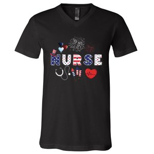 Pride Nurse USA Flag Stethoscope Patriotic Nurse 4th Of July V-Neck T-Shirt