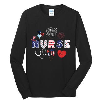 Pride Nurse USA Flag Stethoscope Patriotic Nurse 4th Of July Tall Long Sleeve T-Shirt