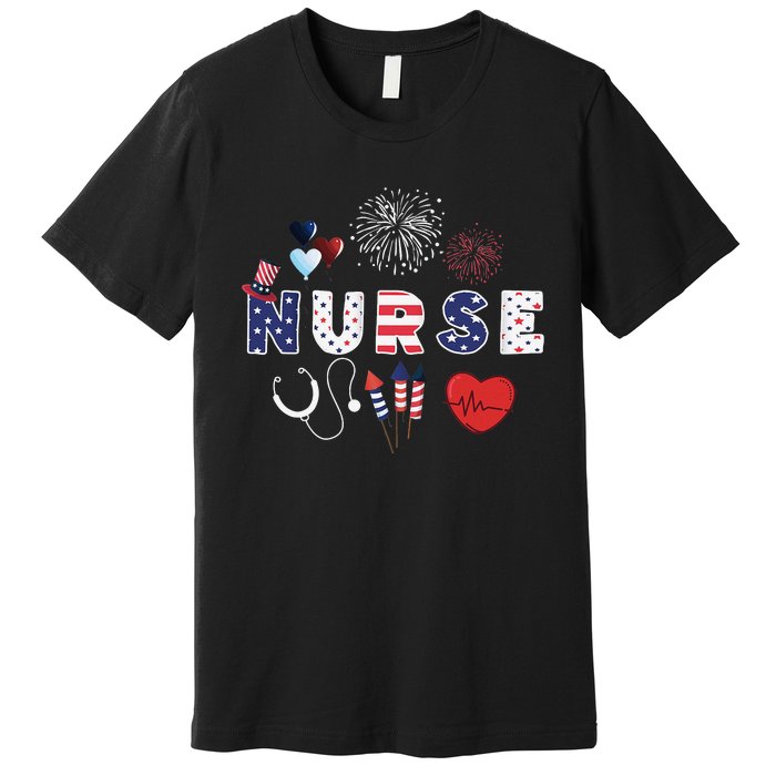 Pride Nurse USA Flag Stethoscope Patriotic Nurse 4th Of July Premium T-Shirt