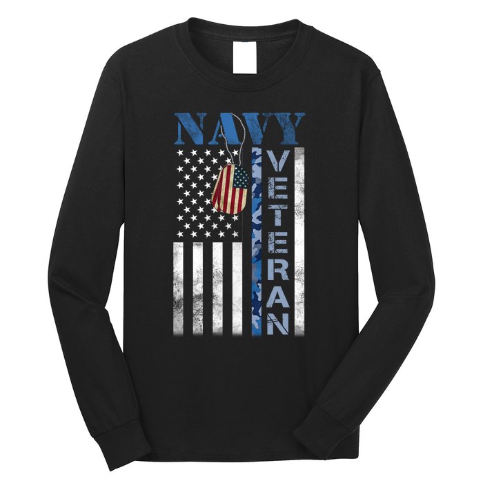 Proud Na Vy Veteran USA Flag Man Dad Grandpa Long Sleeve Shirt