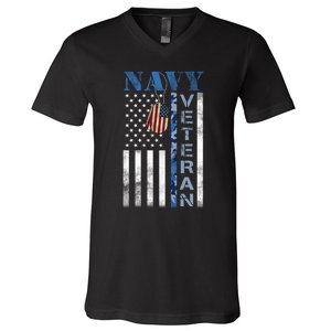 Proud Na Vy Veteran USA Flag Man Dad Grandpa V-Neck T-Shirt