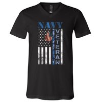 Proud Na Vy Veteran USA Flag Man Dad Grandpa V-Neck T-Shirt