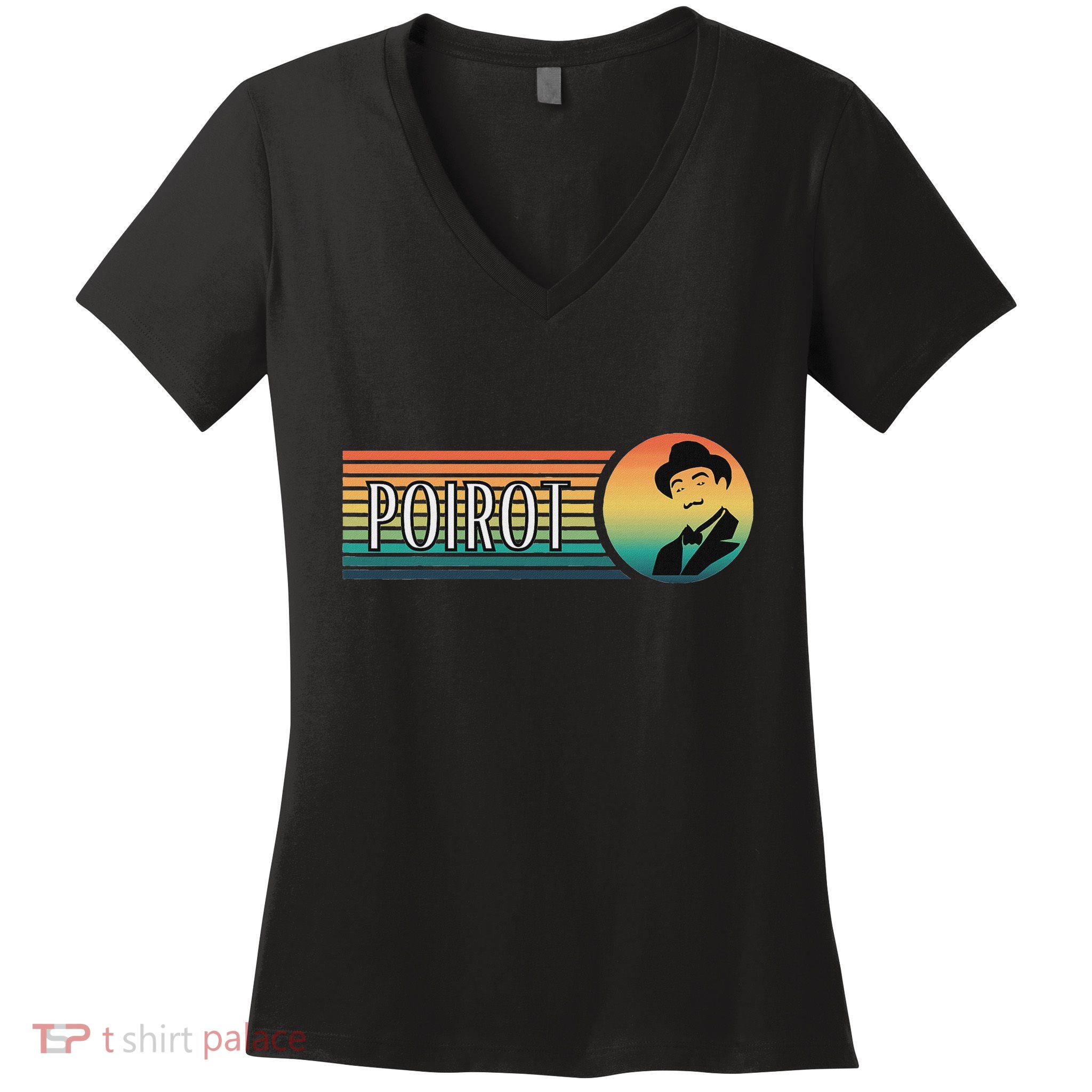 Poirot Name With Hat Mustache Vintage Colors Women's V-Neck T-Shirt