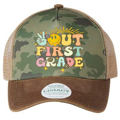 Peace Out 1St Grade Graduation Last Day Of School Groovy Legacy Tie Dye Trucker Hat