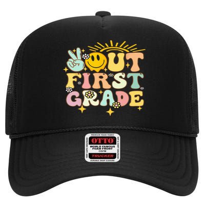 Peace Out 1St Grade Graduation Last Day Of School Groovy High Crown Mesh Back Trucker Hat