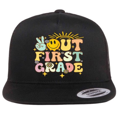 Peace Out 1St Grade Graduation Last Day Of School Groovy Flat Bill Trucker Hat