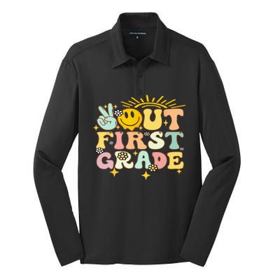 Peace Out 1St Grade Graduation Last Day Of School Groovy Silk Touch Performance Long Sleeve Polo