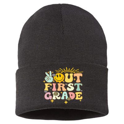 Peace Out 1St Grade Graduation Last Day Of School Groovy Sustainable Knit Beanie