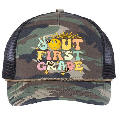 Peace Out 1St Grade Graduation Last Day Of School Groovy Retro Rope Trucker Hat Cap