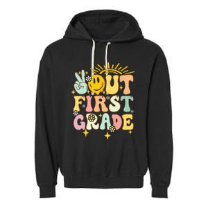 Peace Out 1st Grade Graduation Last Day of School Groovy Garment-Dyed Fleece Hoodie