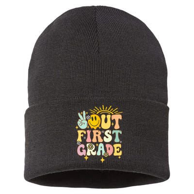 Peace Out 1st Grade Graduation Last Day of School Groovy Sustainable Knit Beanie