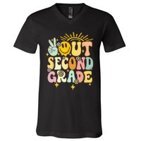 Peace Out 2nd grade graduation last day of school Groovy V-Neck T-Shirt