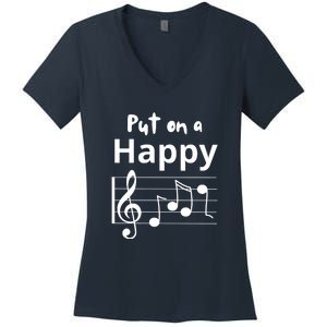 Put On A Happy Face Musical Notes Funny Women's V-Neck T-Shirt