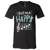 Put On A Happy Face Music Funny Music Teacher V-Neck T-Shirt