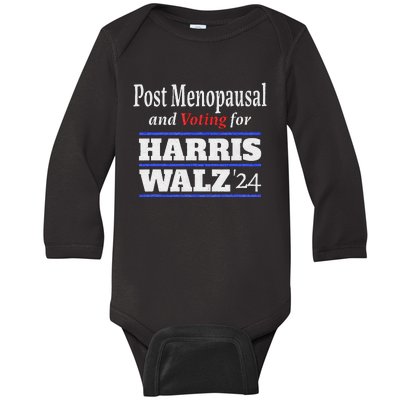 Post Opausal And Voting For Harris Walz 24 Vintage Font Baby Long Sleeve Bodysuit