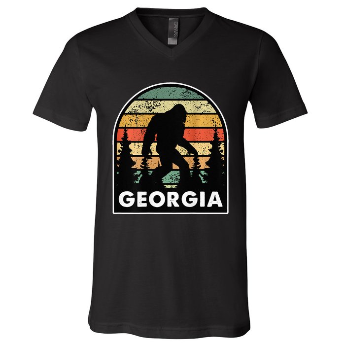 Printed on Back Georgia and a Bigfoot or a Sasquatch V-Neck T-Shirt