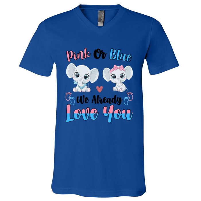 Pink Or Blue We Always Love You Funny Elephant Gender Reveal Gift V-Neck T-Shirt