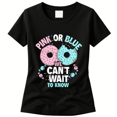 Pink Or Blue We Cant Wait To Know Donut Gender Reveal Womens T-Shirt